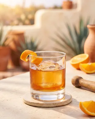 Tequila Old Fashioned in a rocks glass with orange