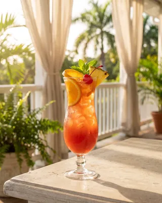 Planter's Punch in a hurricane glass with orange, pineapple, a cocktail cherry and mint