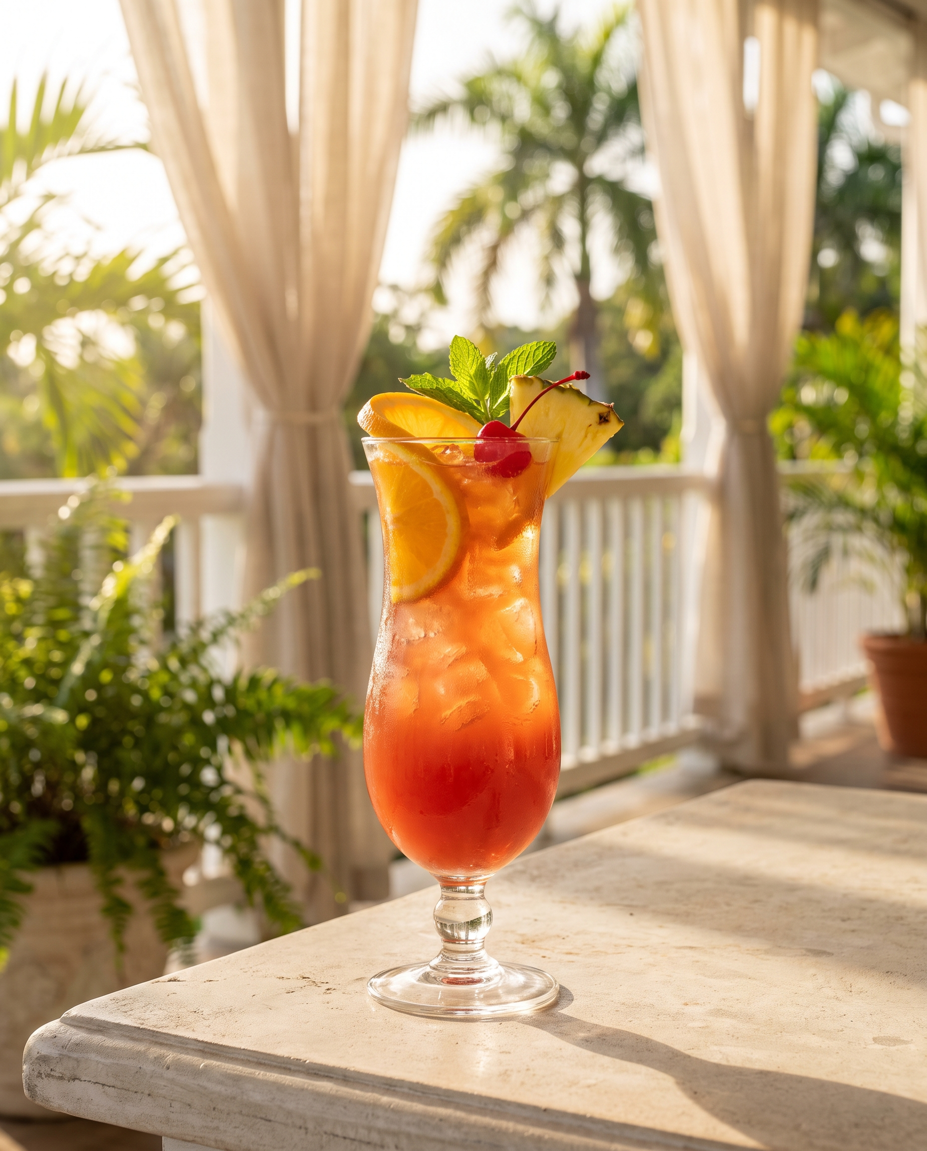 Planter's Punch in a hurricane glass with orange, pineapple, a cocktail cherry and mint