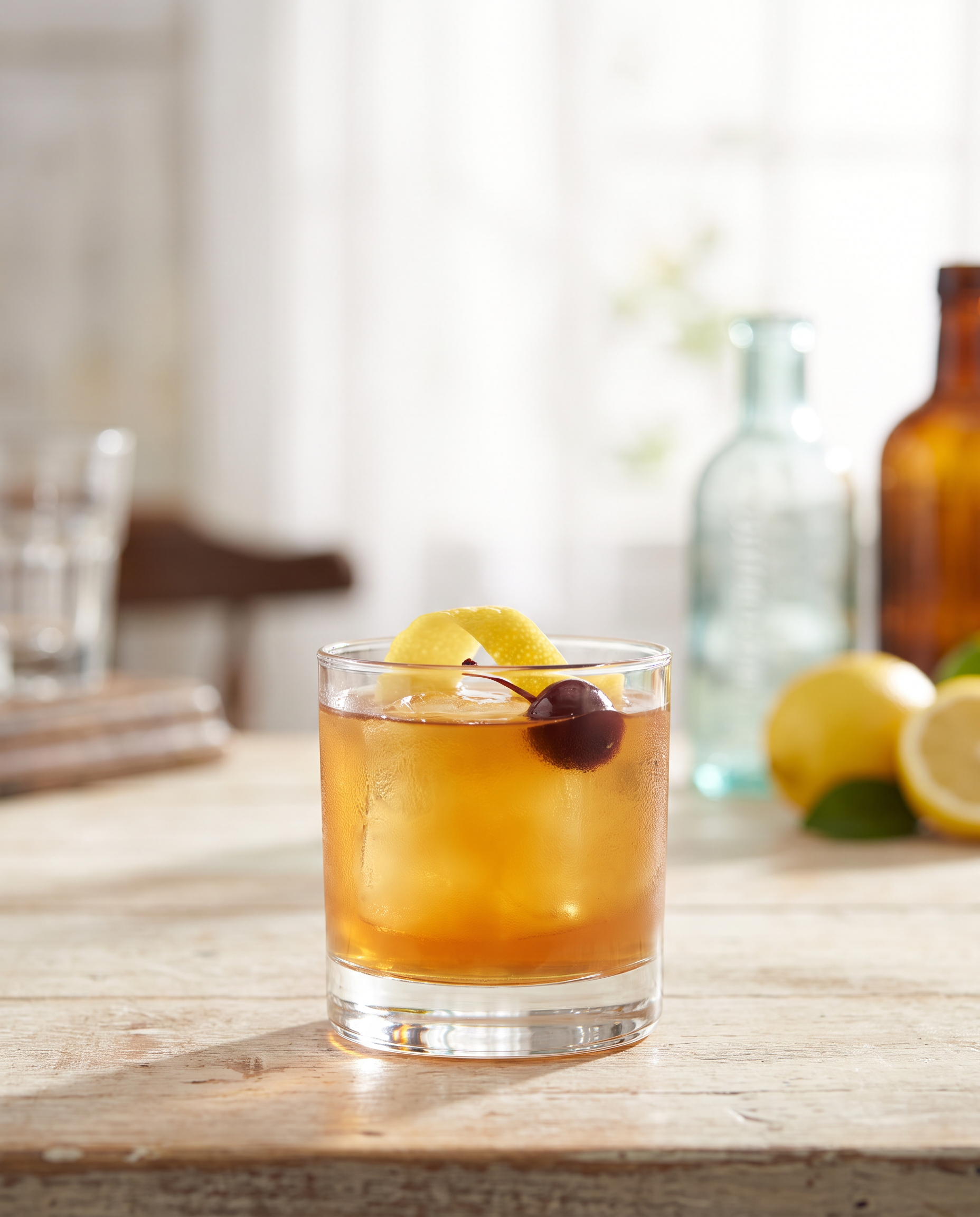 Scotch Sour in a rocks glass with lemon and a cocktail cherry