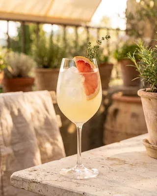 Lillet Rosé & Tonic in a wine glass with grapefruit and thyme