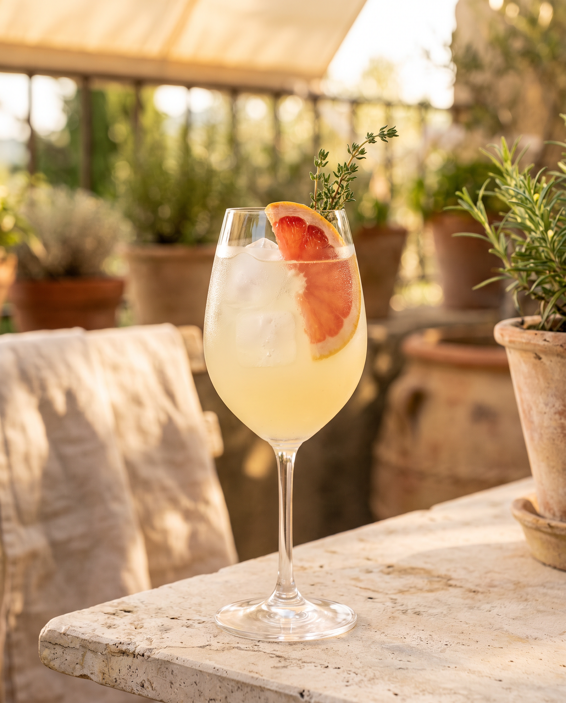 Lillet Rosé & Tonic in a wine glass with grapefruit and thyme