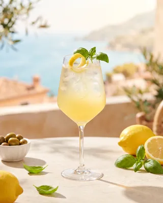 Limoncello Spritz in a wine glass with lemon and basil