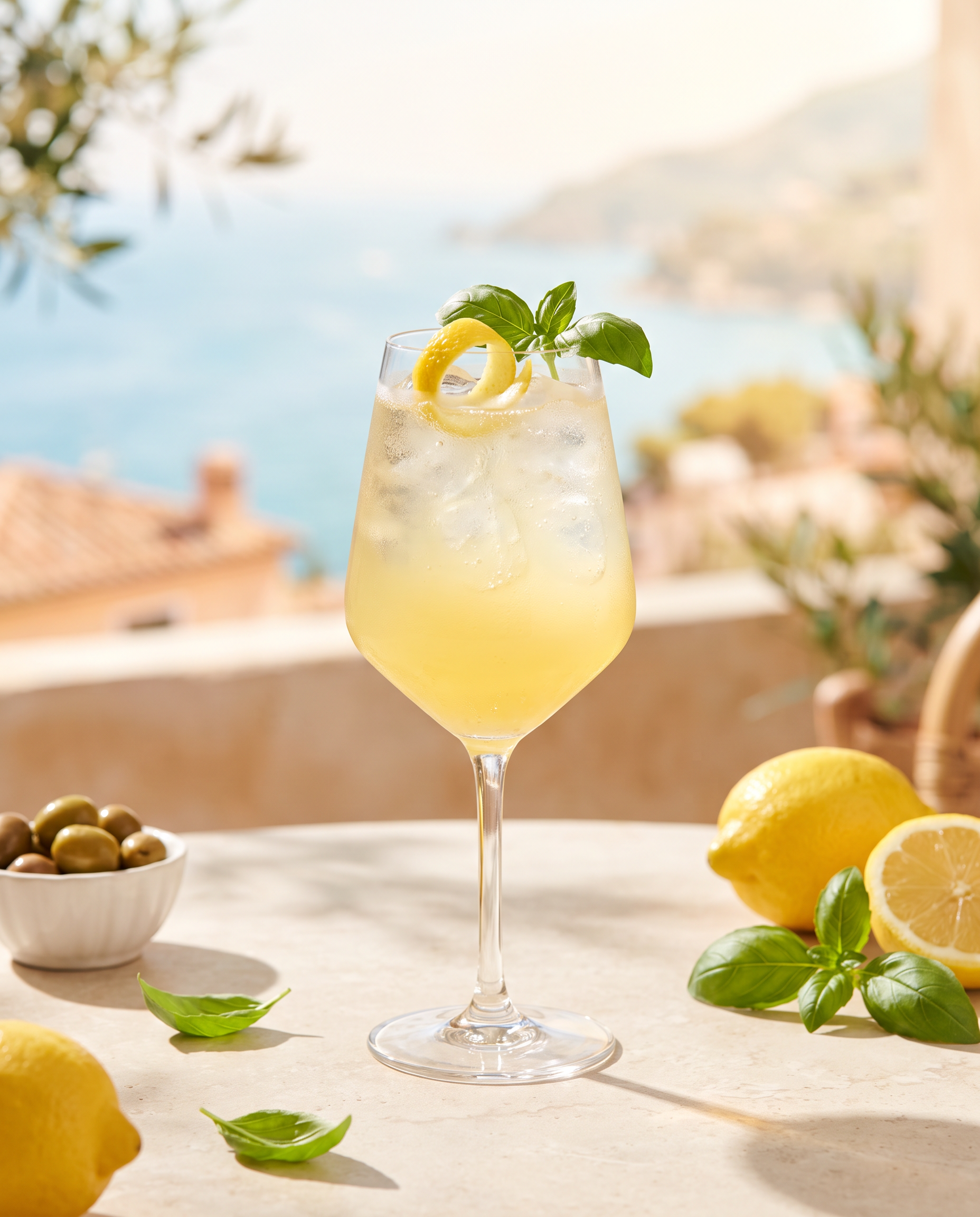 Limoncello Spritz in a wine glass with lemon and basil