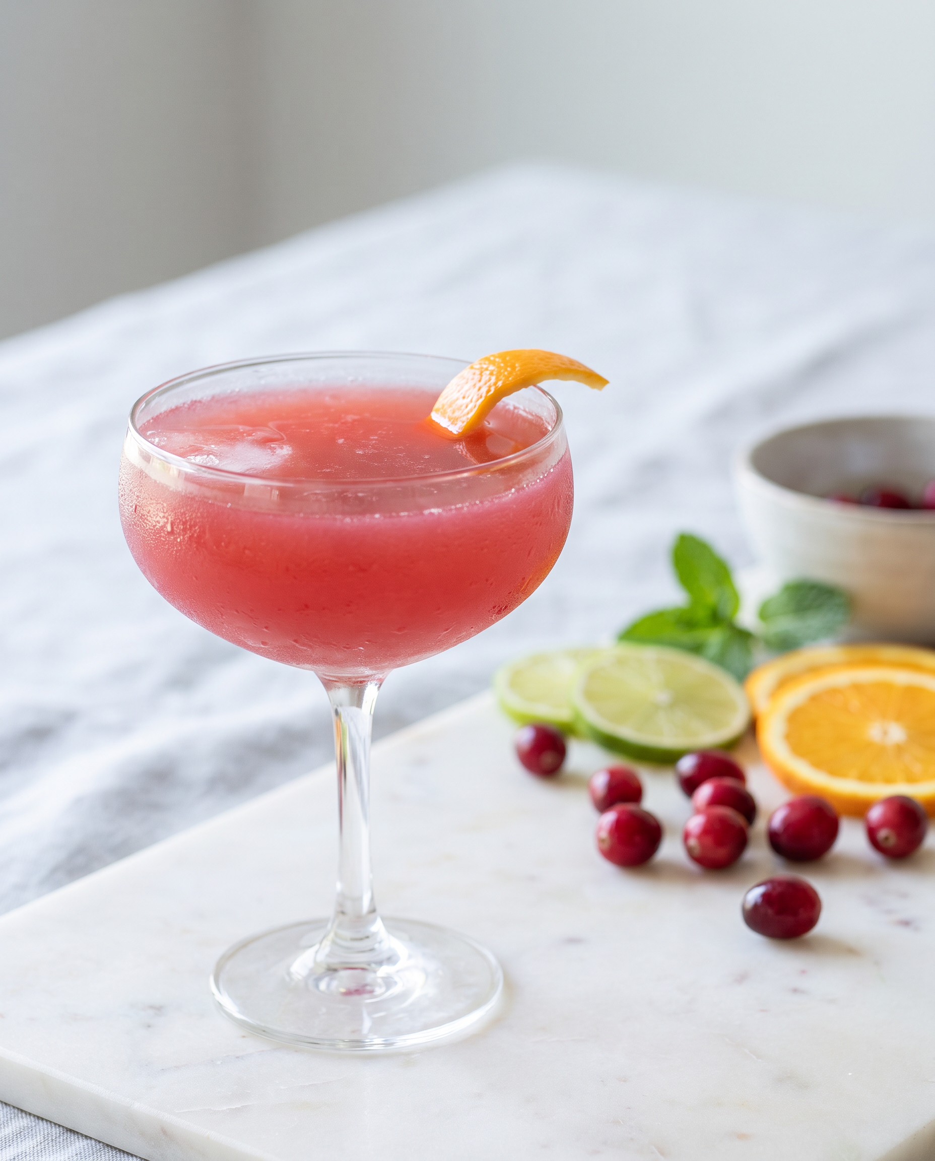 Non-alcoholic Cosmopolitan in a coupe with orange