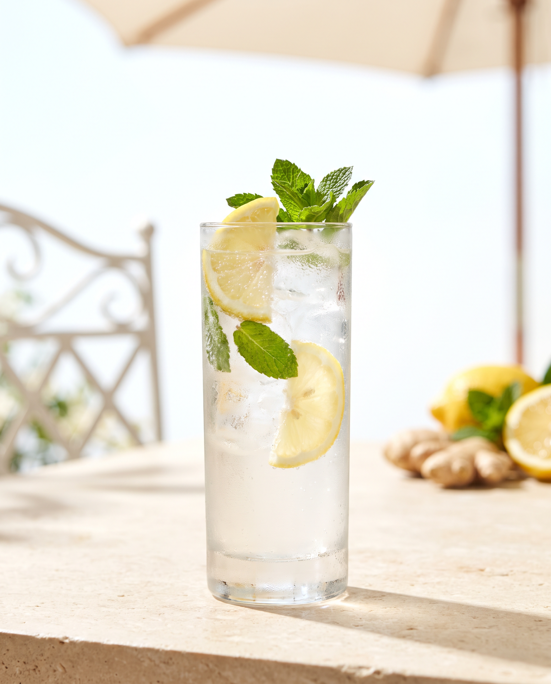 Ginger Fizz in a highball glass with lemon and mint