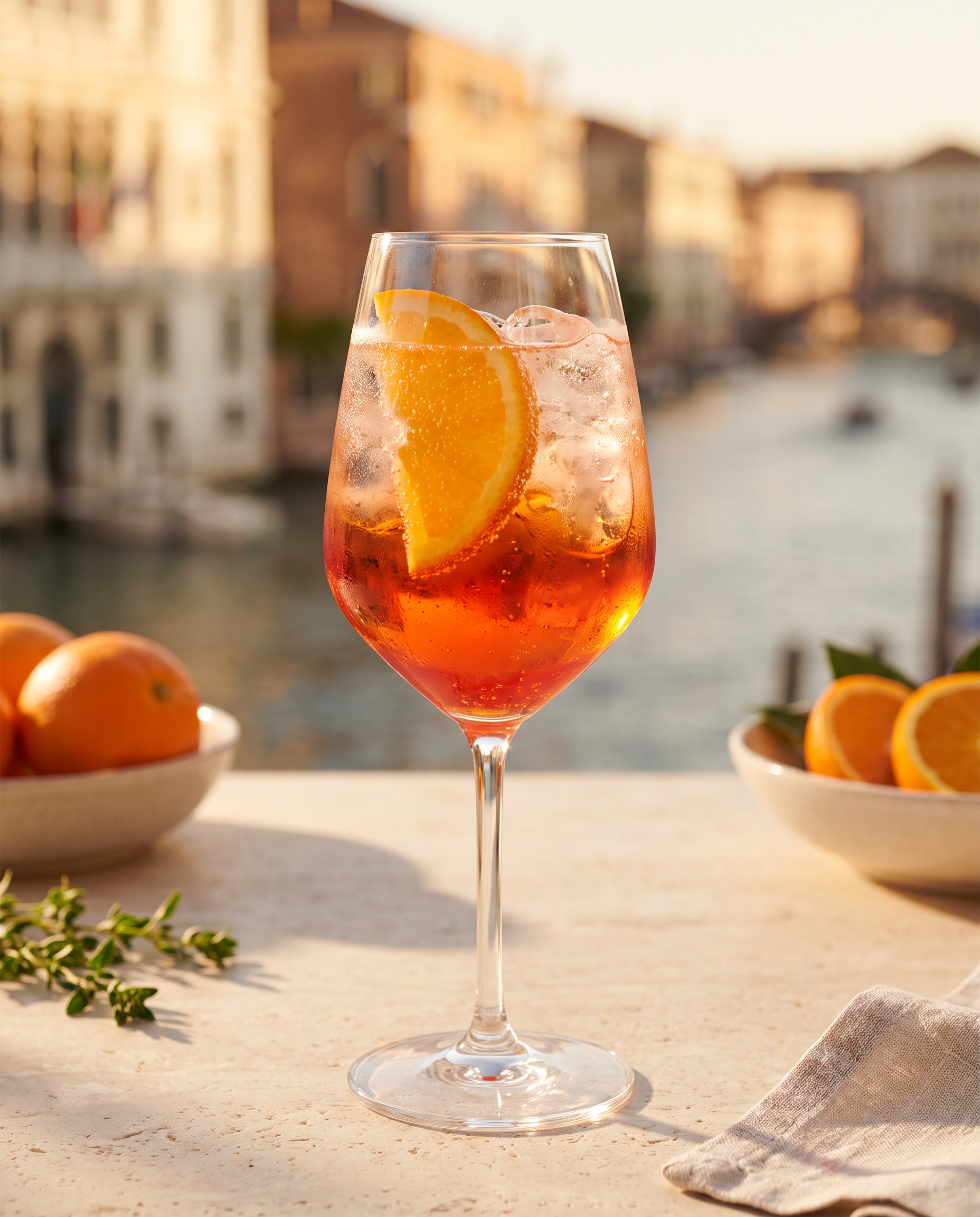 Campari Spritz in a wine glass with orange