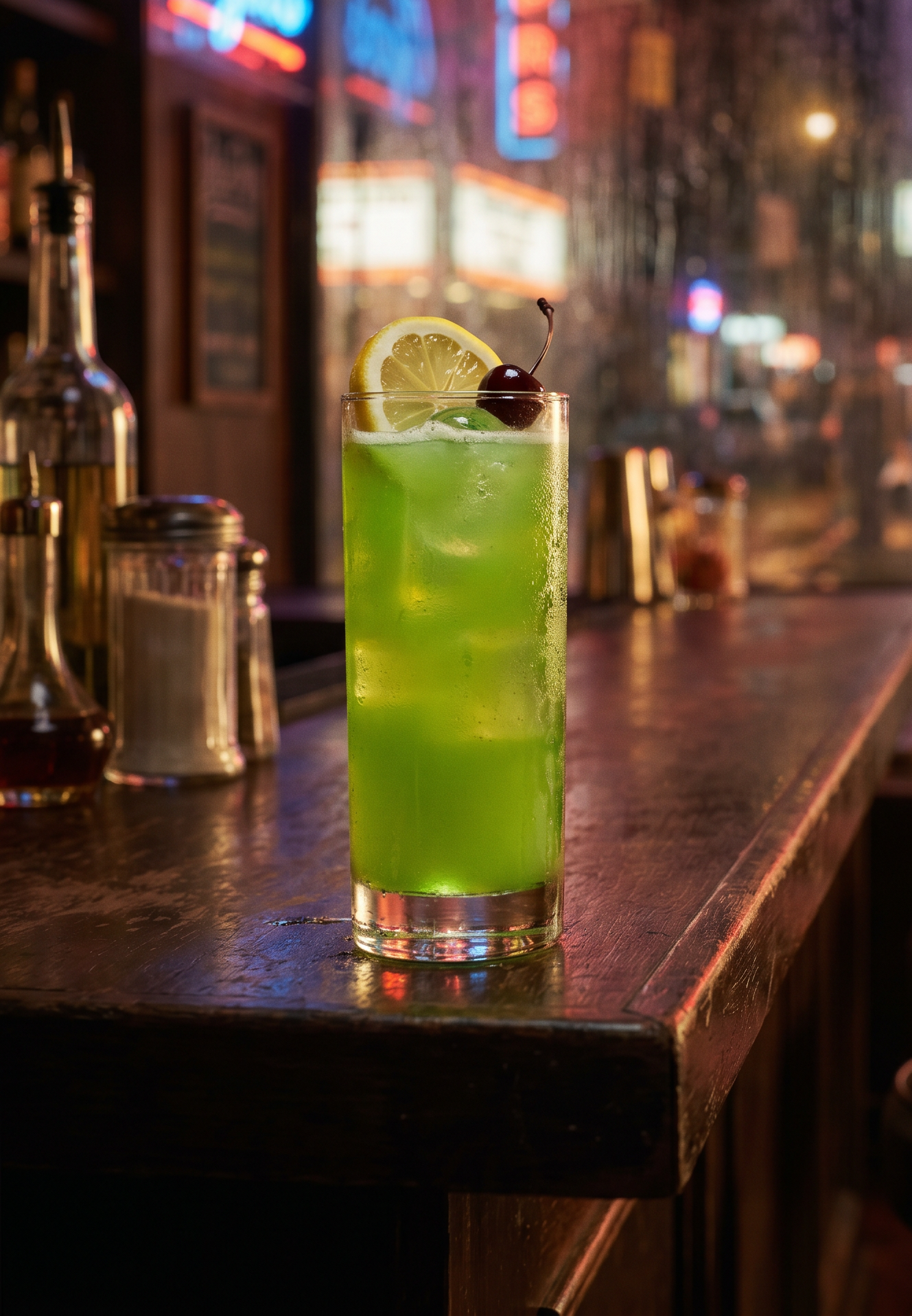 Tokyo Iced Tea in a highball glass with lemon and a cocktail cherry