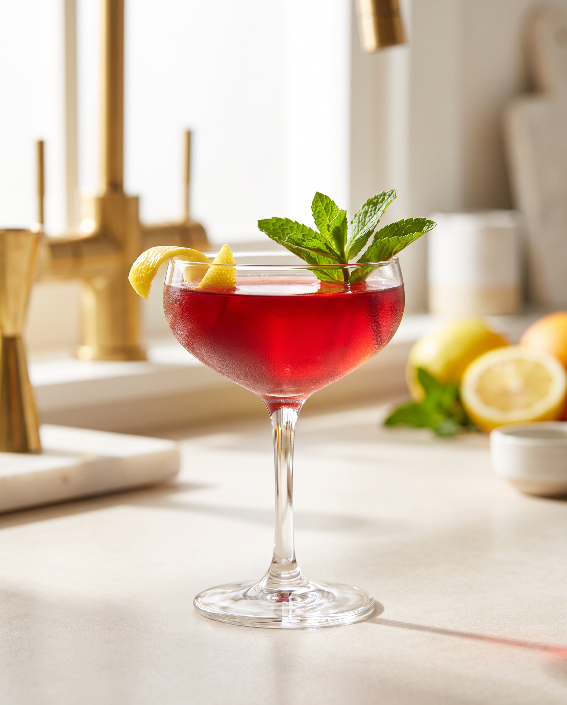Jasmine in a coupe with lemon and mint