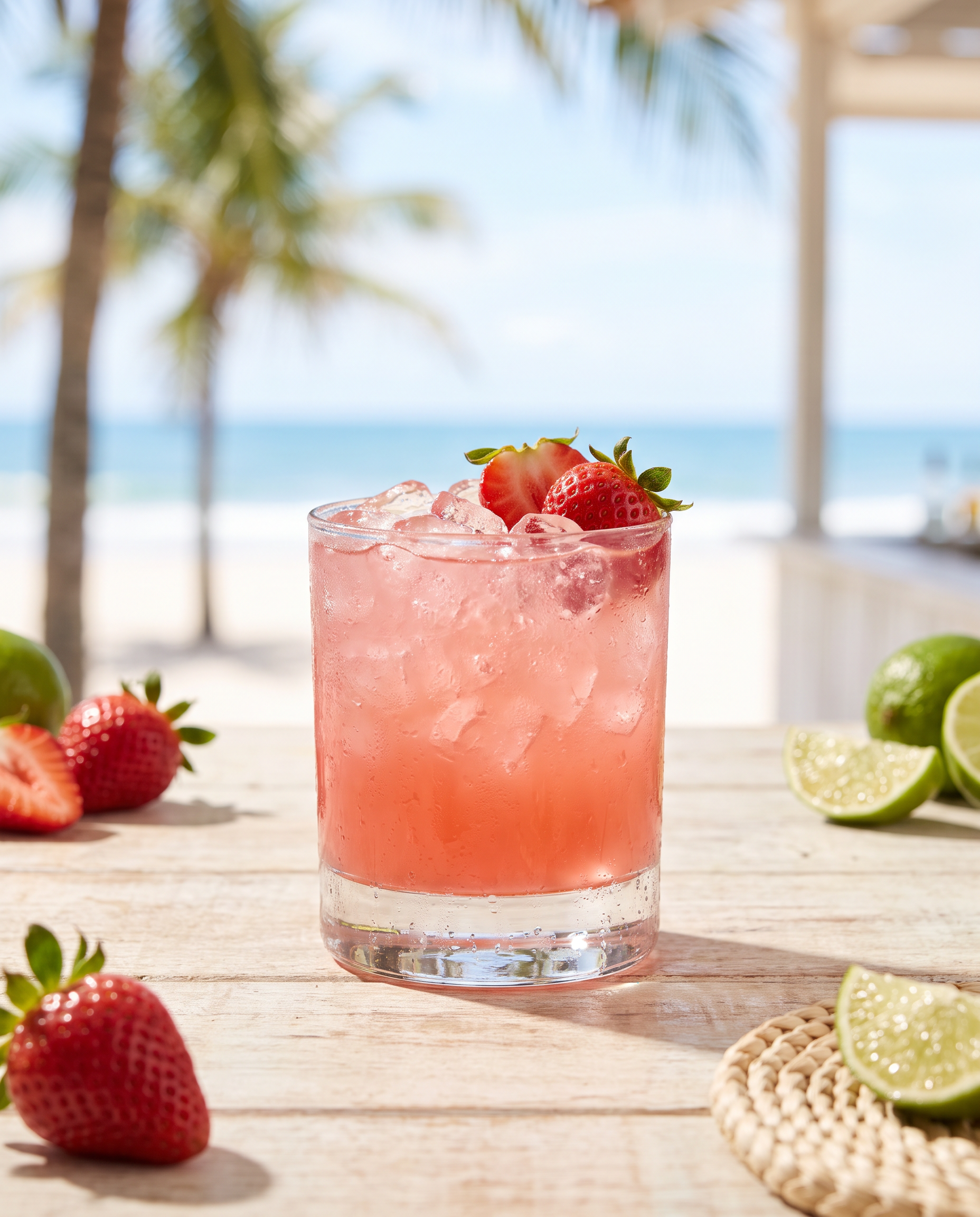 Strawberry Caipirinha in a rocks glass with strawberry