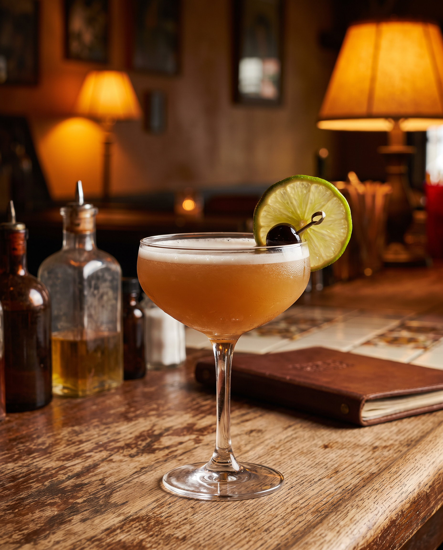 Tequila Sour in a coupe with lime and a cocktail cherry