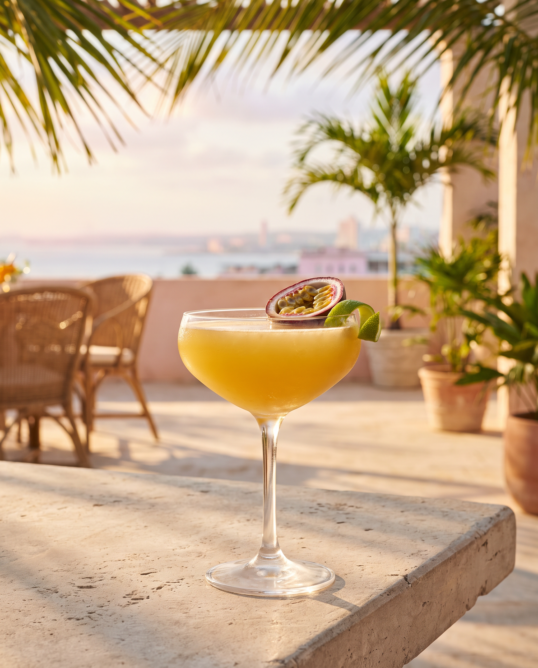 Passion Fruit Daiquiri in a daiquiri glass with passion fruit and lime