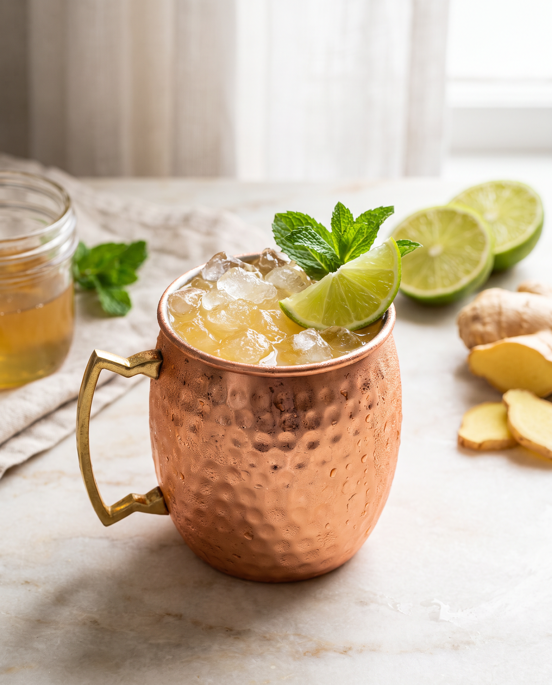 Non-alcoholic Moscow Mule in a copper mug with lime