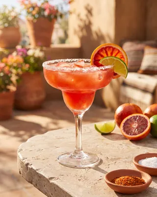 Blood Orange Margarita in a Margarita glass with orange and lime