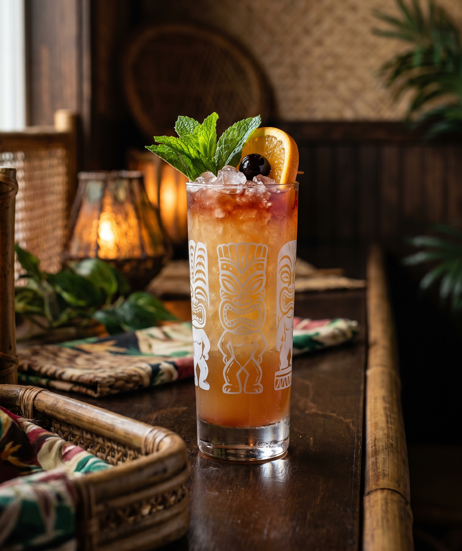 Zombie in a tiki mug with mint, a cocktail cherry and orange