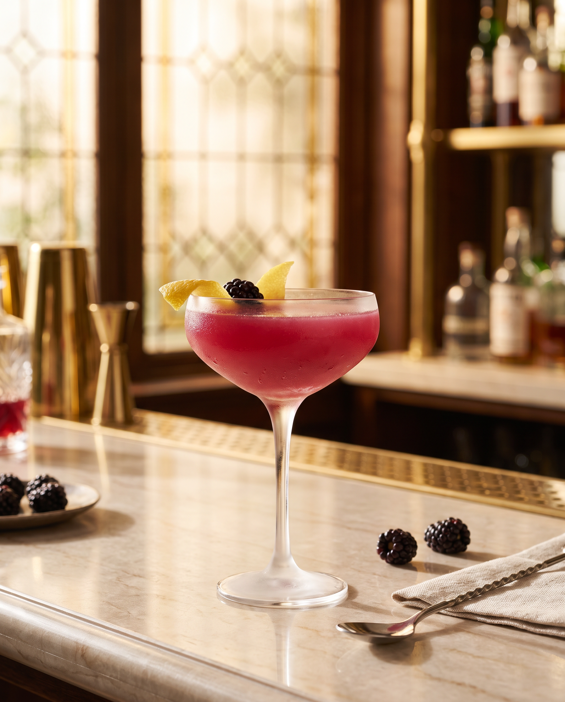 Chambord Sidecar in a coupe with lemon and blackberry