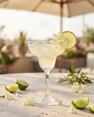 Elderflower Margarita in a margarita glass with lime