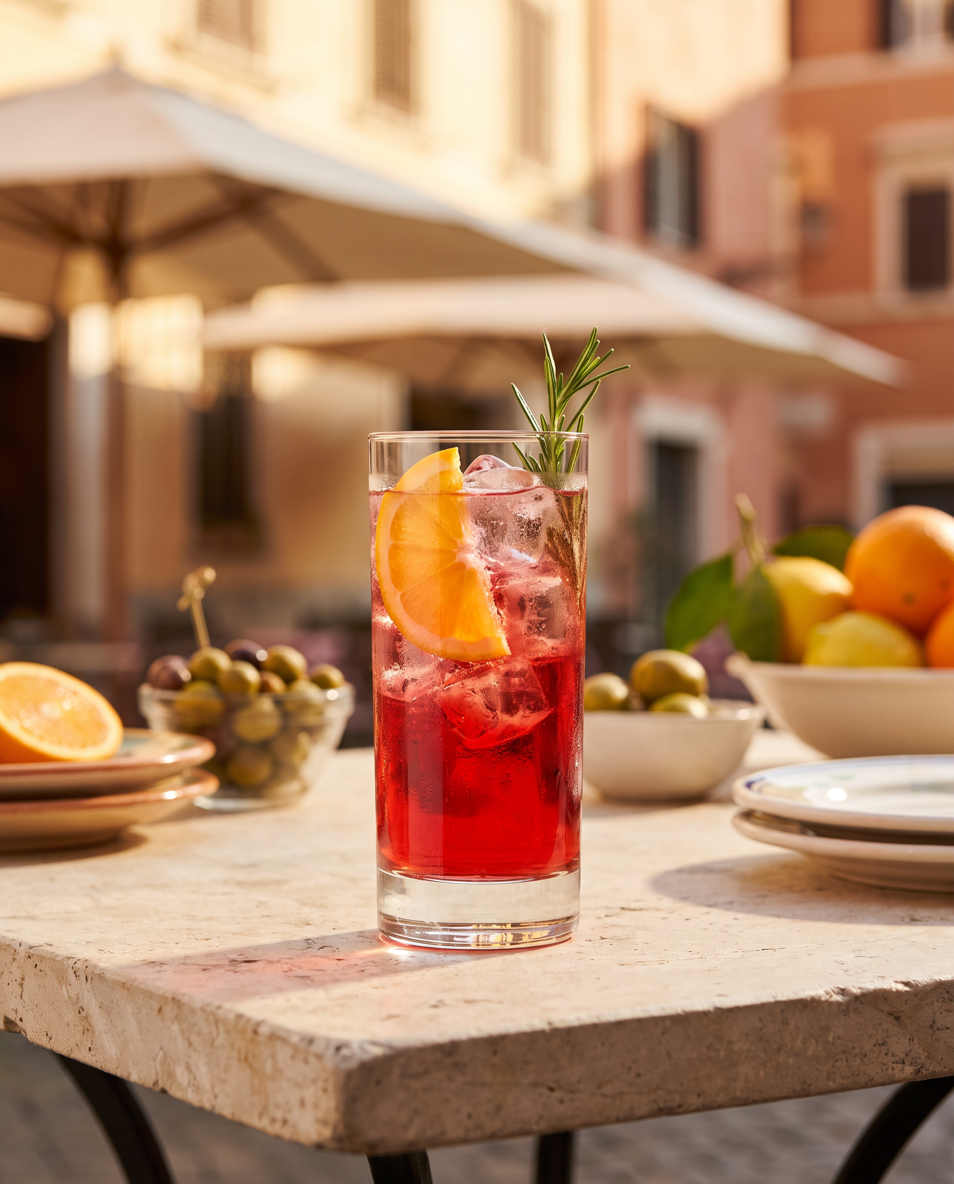 Campari Tonic in a highball glass with orange and rosemary