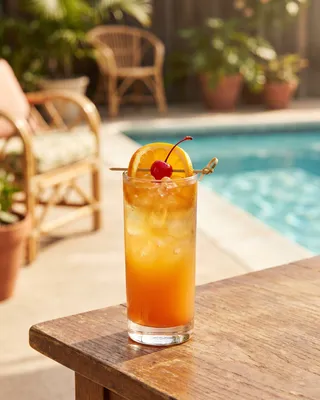 Fuzzy Navel in a highball glass with orange and a cocktail cherry