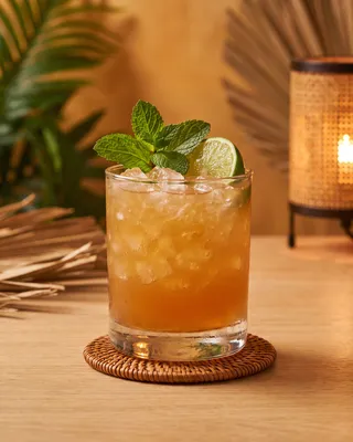 Tia Mia in a double old fashioned glass with mint and lime
