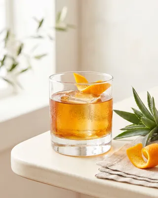 Oaxaca Old Fashioned in a double old fashioned glass with orange