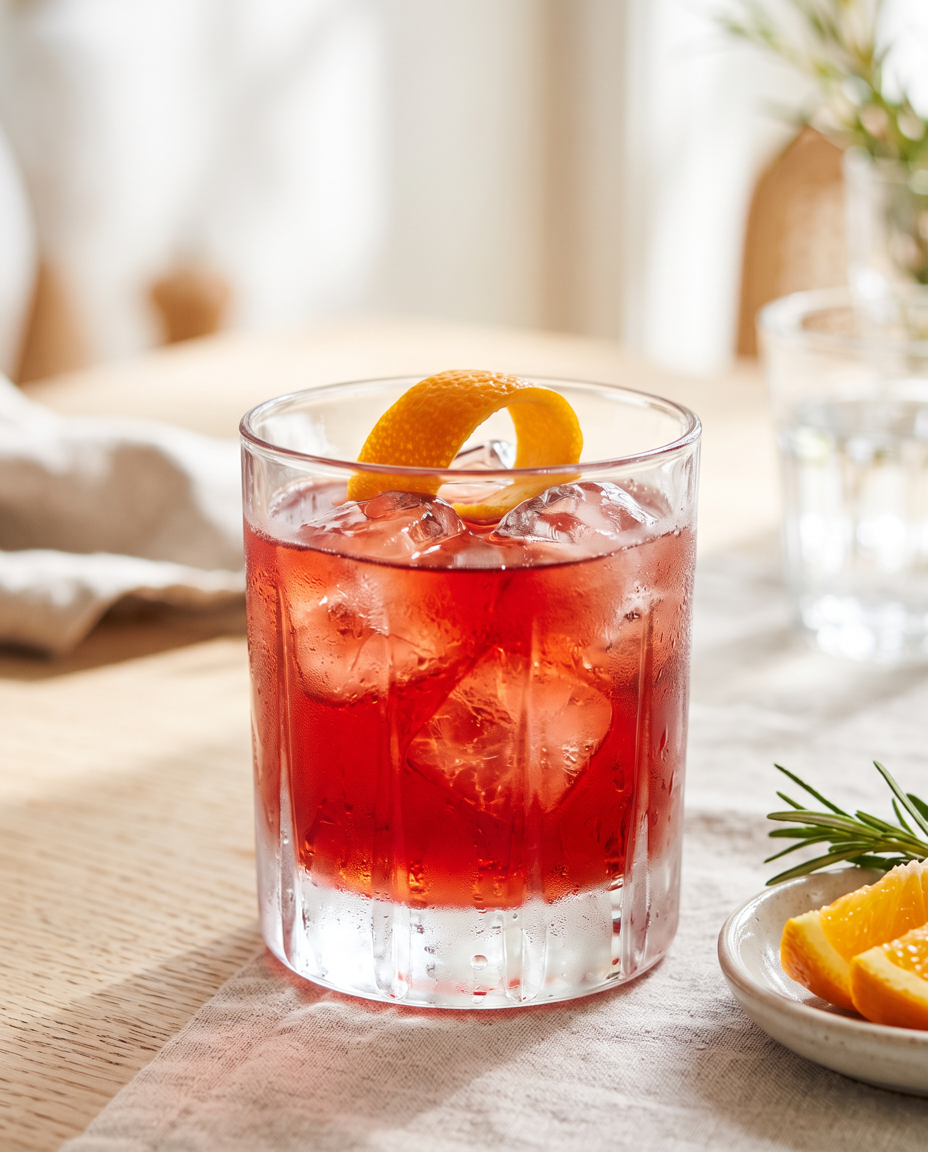 Non-alcoholic Negroni (Nogroni) in a rocks glass with orange
