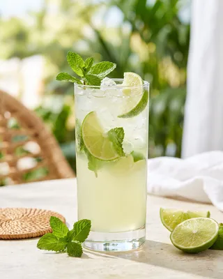 Mango Nojito in a highball glass with lime and mint