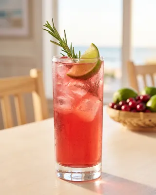 Vodka Cranberry (Cape Cod) in a highball glass with lime and rosemary