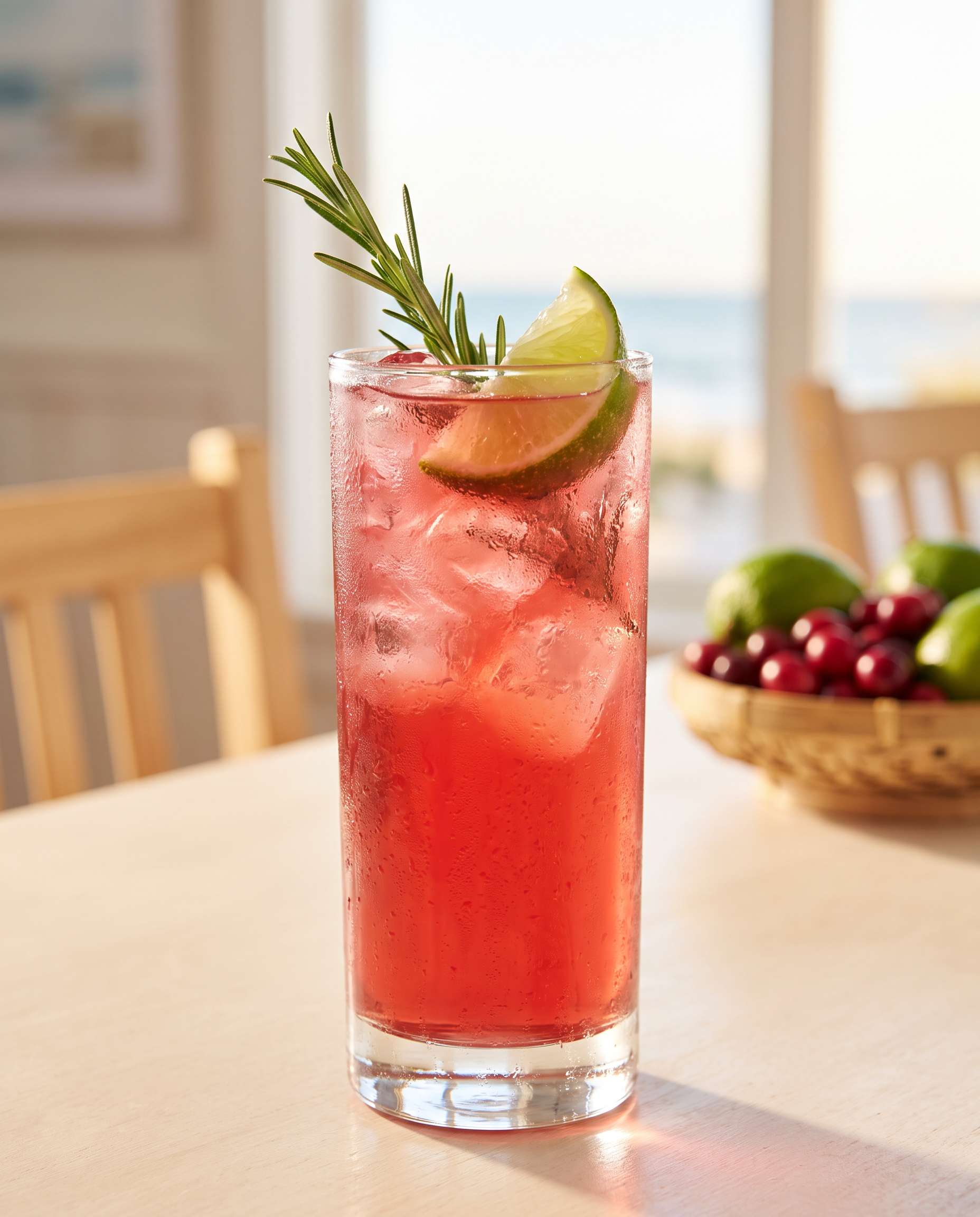 Vodka Cranberry (Cape Cod) in a highball glass with lime and rosemary