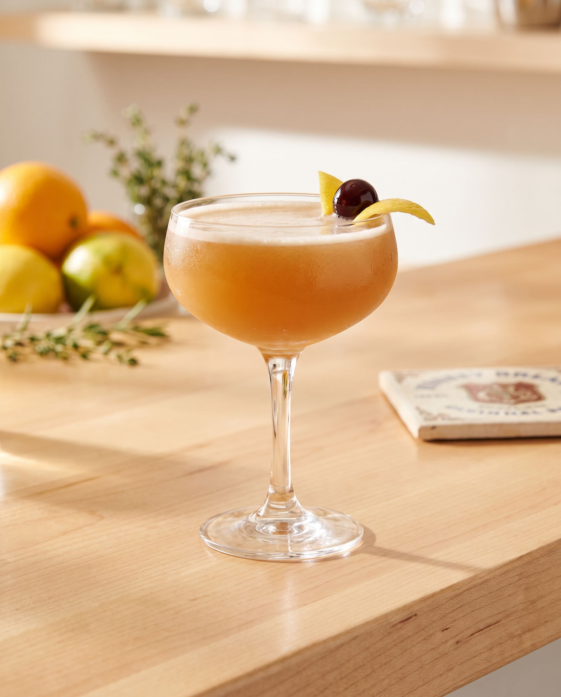 Vodka Sour in a coupe with lemon and a cocktail cherry