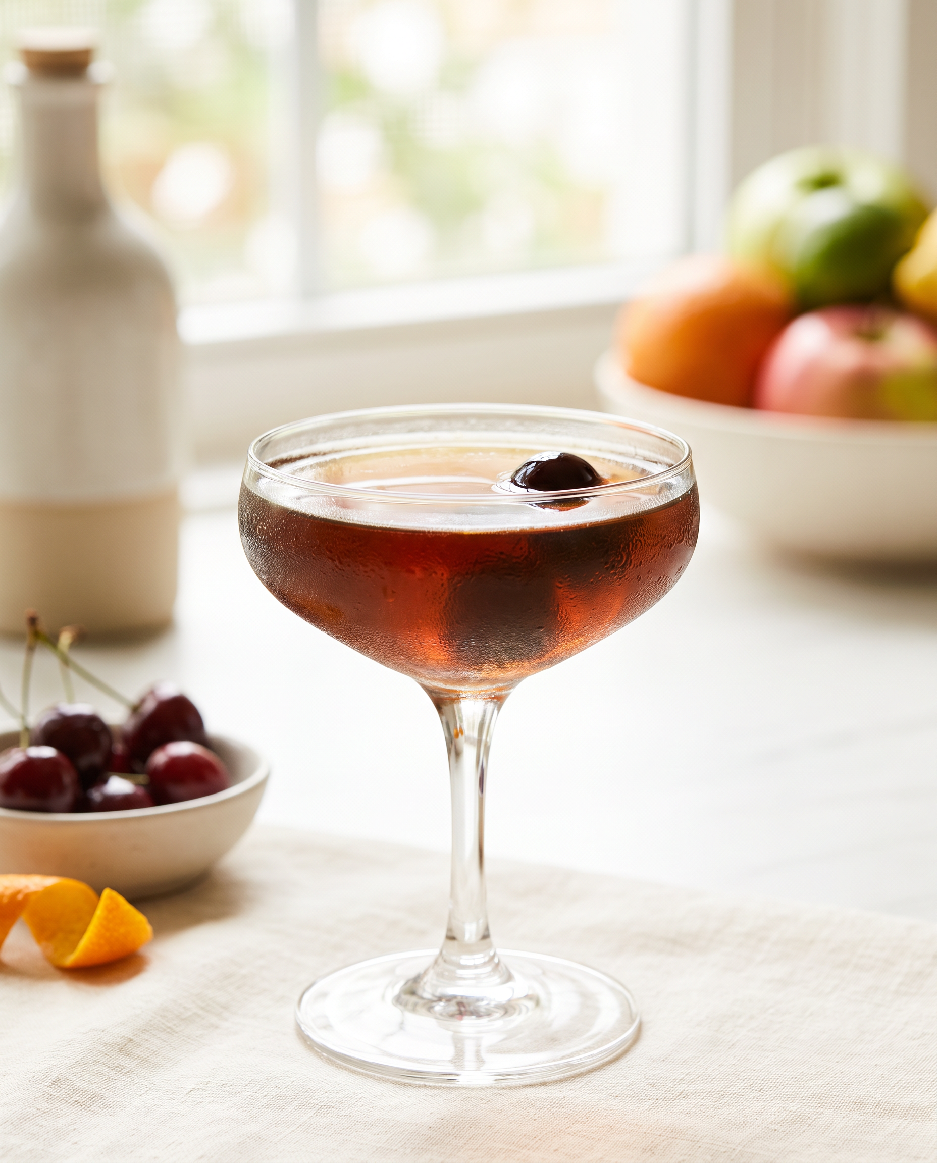Black Manhattan in a coupe with a cocktail cherry