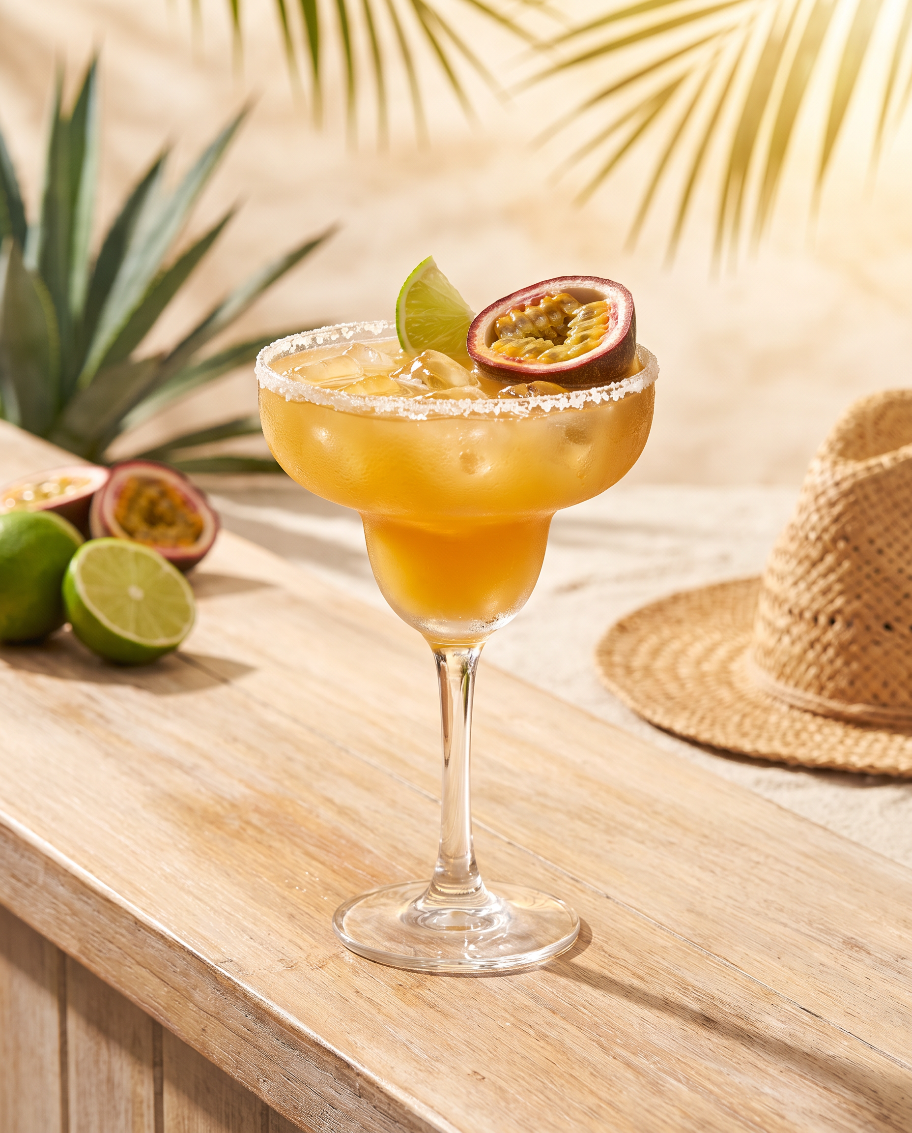 Passion Fruit Margarita in a margarita glass with lime and passion fruit