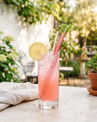 Rhubarb Collins in a Collins glass with lemon