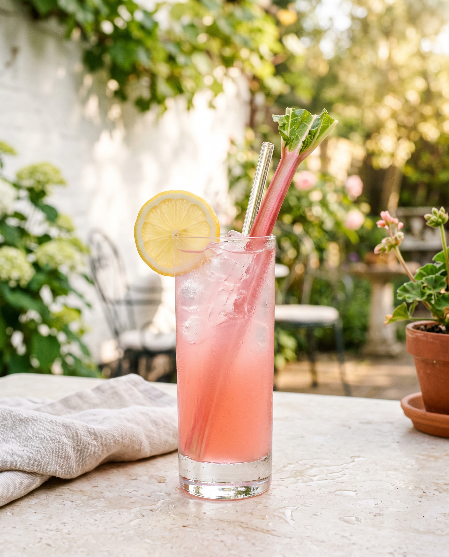 Rhubarb Collins in a Collins glass with lemon