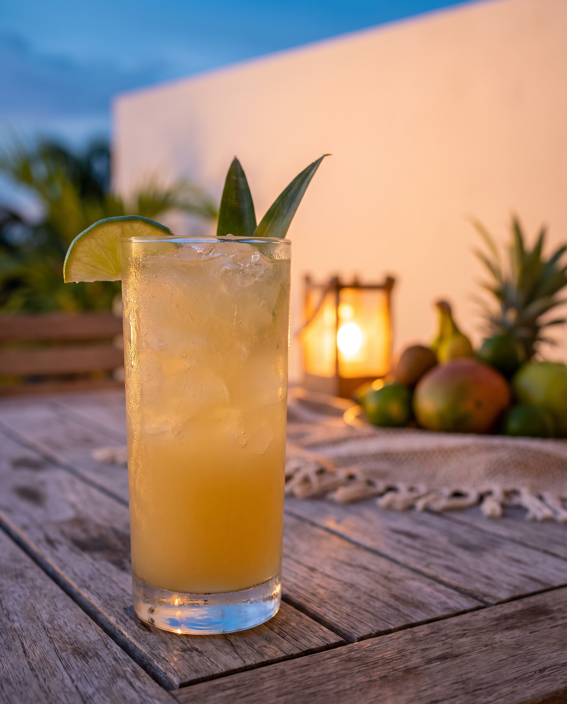 Pineapple Dark & Stormy in a highball glass with lime and pineapple