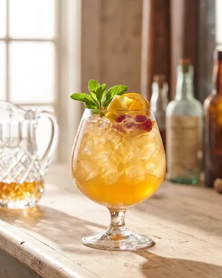 Sherry Cobbler in a goblet with orange, lemon, raspberries and mint