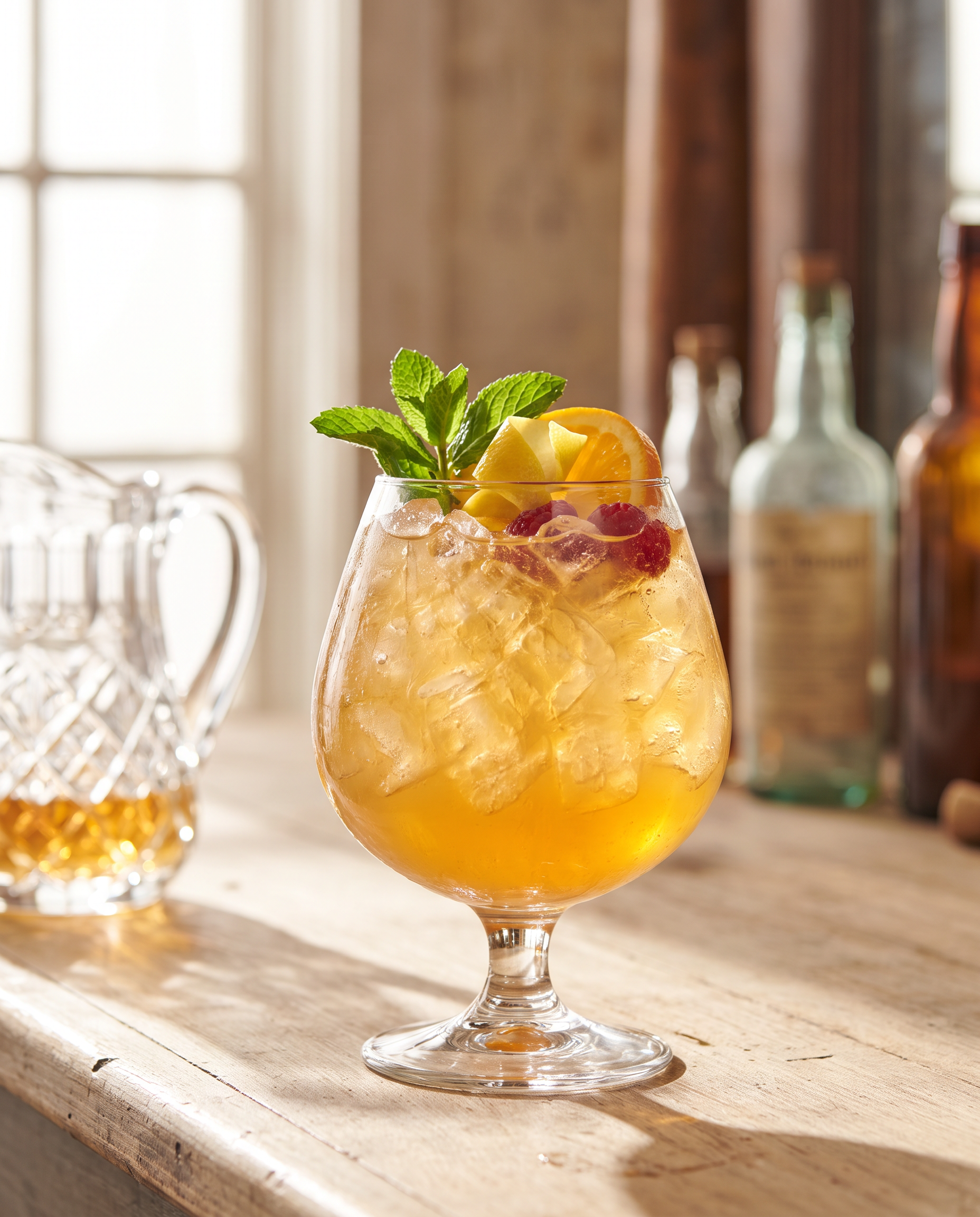Sherry Cobbler in a goblet with orange, lemon, raspberries and mint