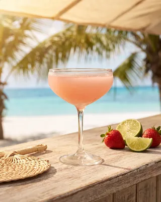 Frozen Strawberry Daiquiri in a Daiquiri glass with strawberry and lime