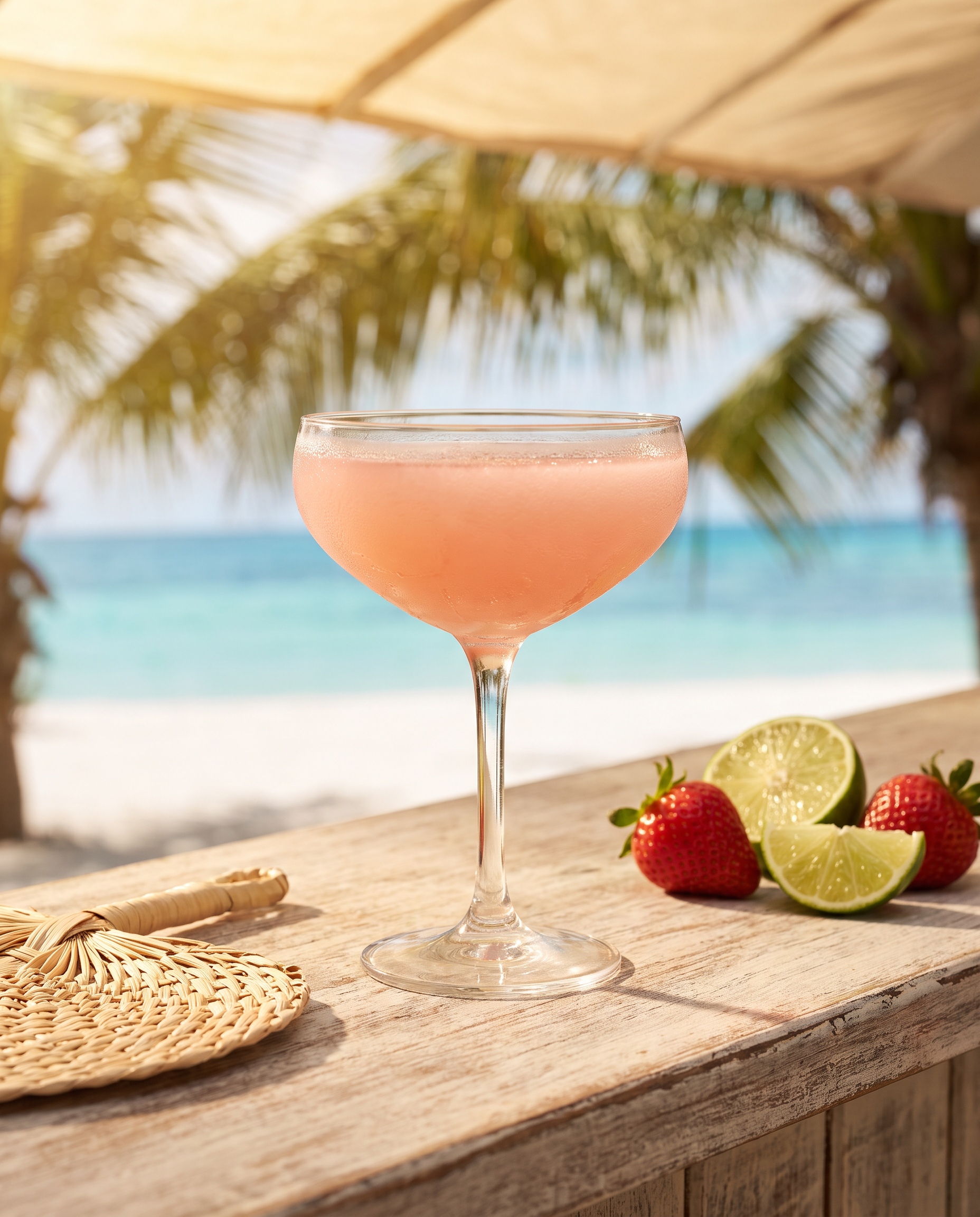 Frozen Strawberry Daiquiri in a Daiquiri glass with strawberry and lime