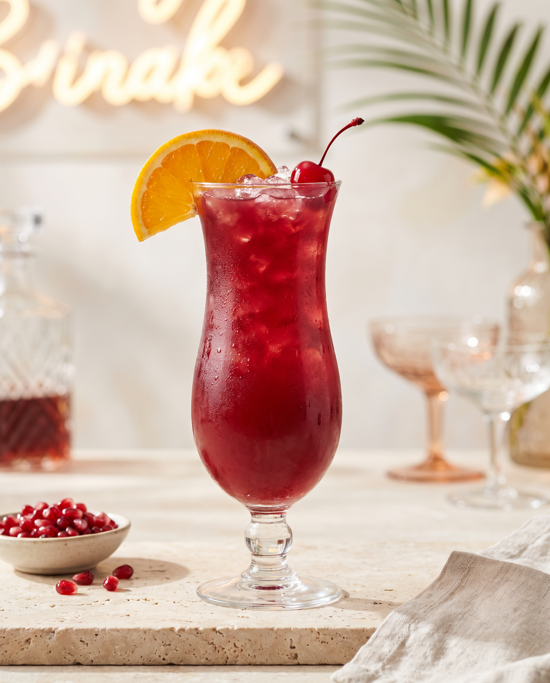 Hurricane in a hurricane glass with orange and a cocktail cherry