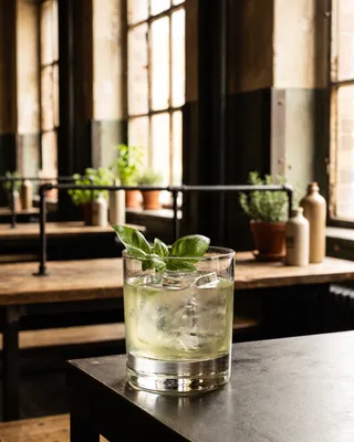 Gin Basil Smash in a double old fashioned glass with basil
