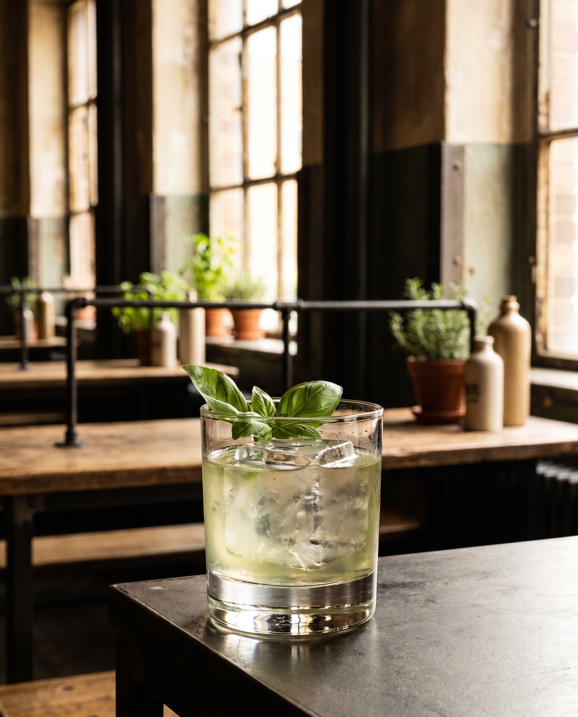 Gin Basil Smash in a double old fashioned glass with basil