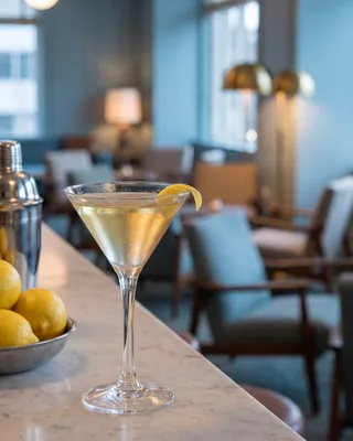 Vodkatini in a martini glass with lemon