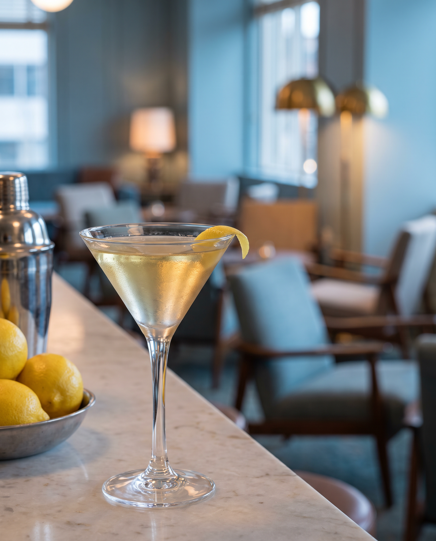 Vodkatini in a martini glass with lemon