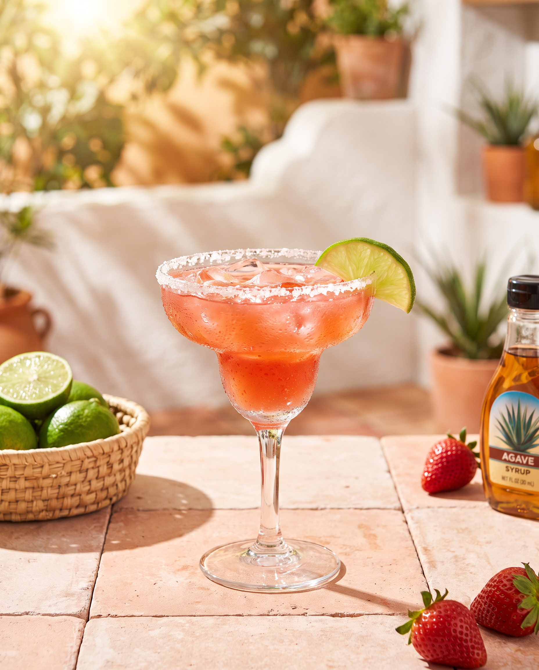 Strawberry Margarita in a Margarita glass with lime
