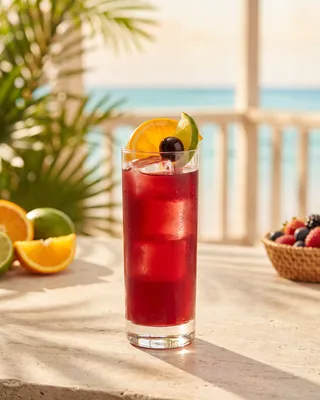Caribbean Rum Punch in a Collins glass with orange, lime and a cocktail cherry