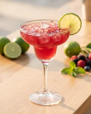 Cranberry Margarita in a Margarita glass with lime