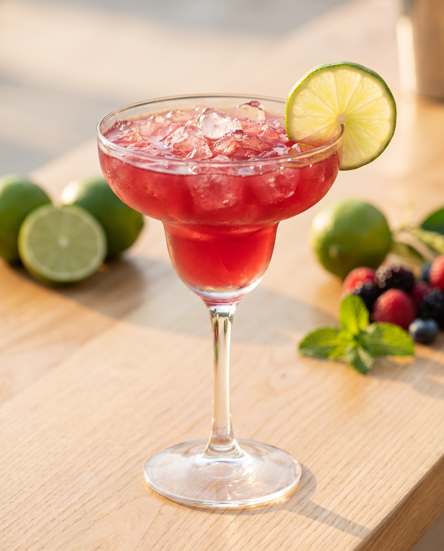 Cranberry Margarita in a Margarita glass with lime
