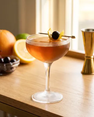 Man O' War Cocktail in a coupe with lemon and a cocktail cherry