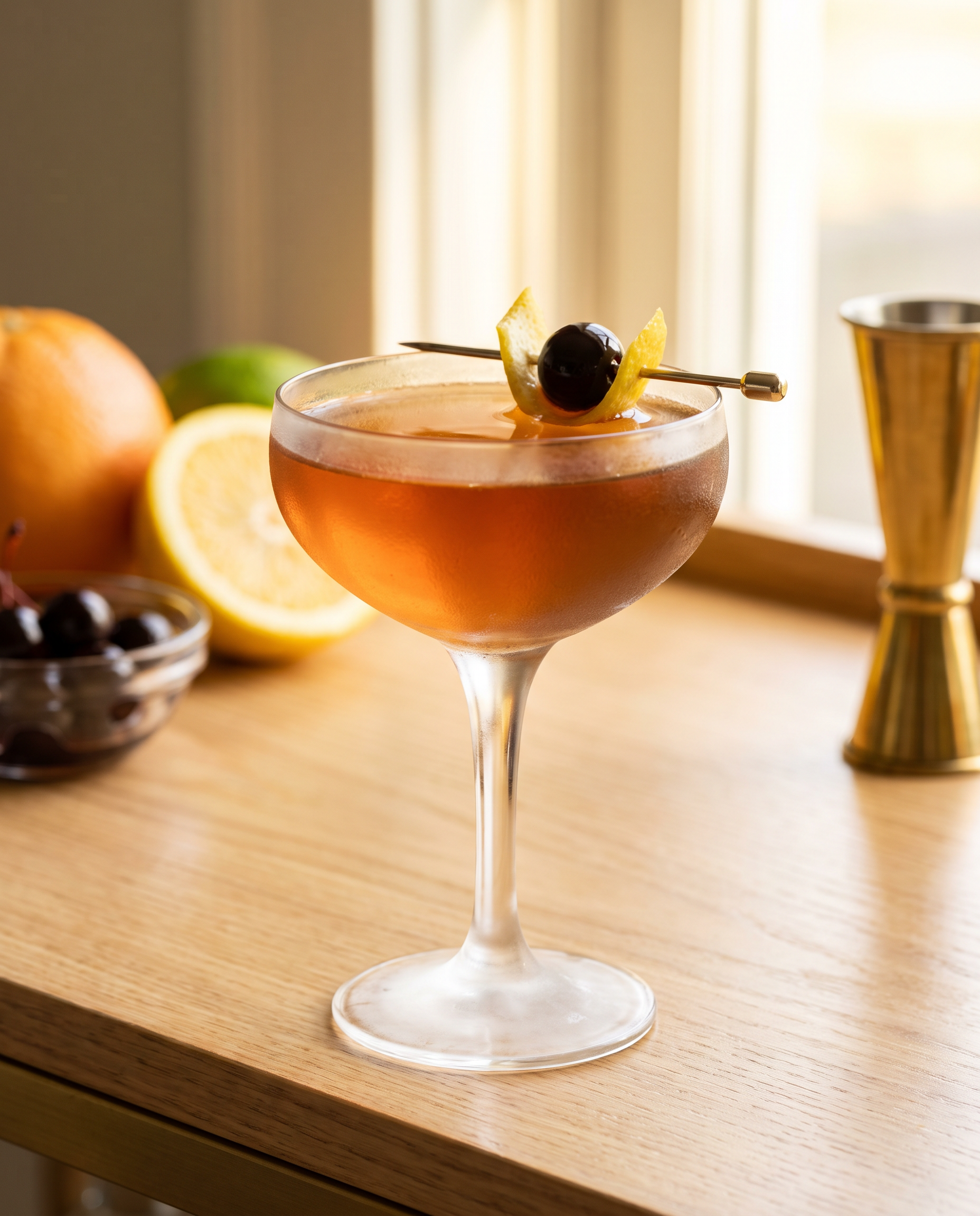Man O' War Cocktail in a coupe with lemon and a cocktail cherry